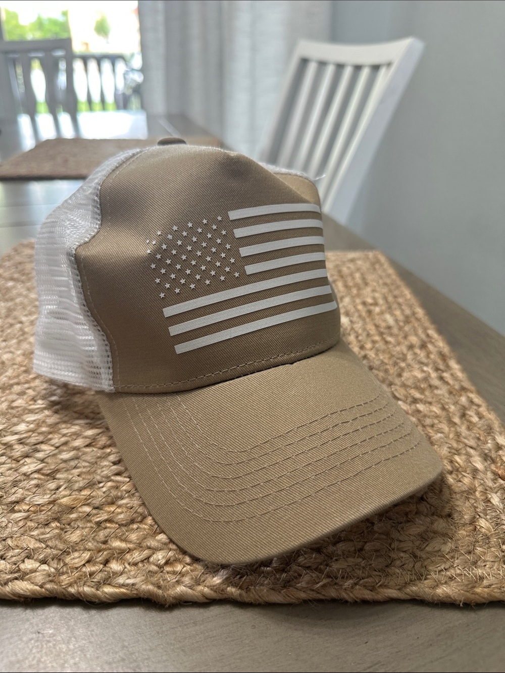 Tan Trucker Hat with White American Flag